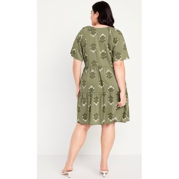 Old Navy V-Neck Mini Swing Dress Olive Green Block Print Tiered Cotton Blend - Picture 2 of 14